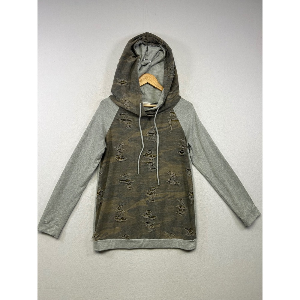 Streetwear Grunge 12PM by Mon Ami Womens Small Gray Camo Distressed Hoodie